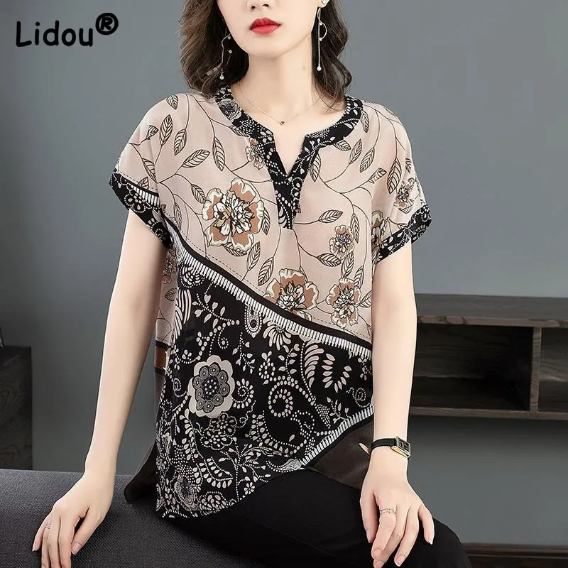 

Large Size Loose Imitation Silk Lady Short Sleeve Summer Tops Women Fashion Printing Vintage Refreshing Broken Flower T-shirt