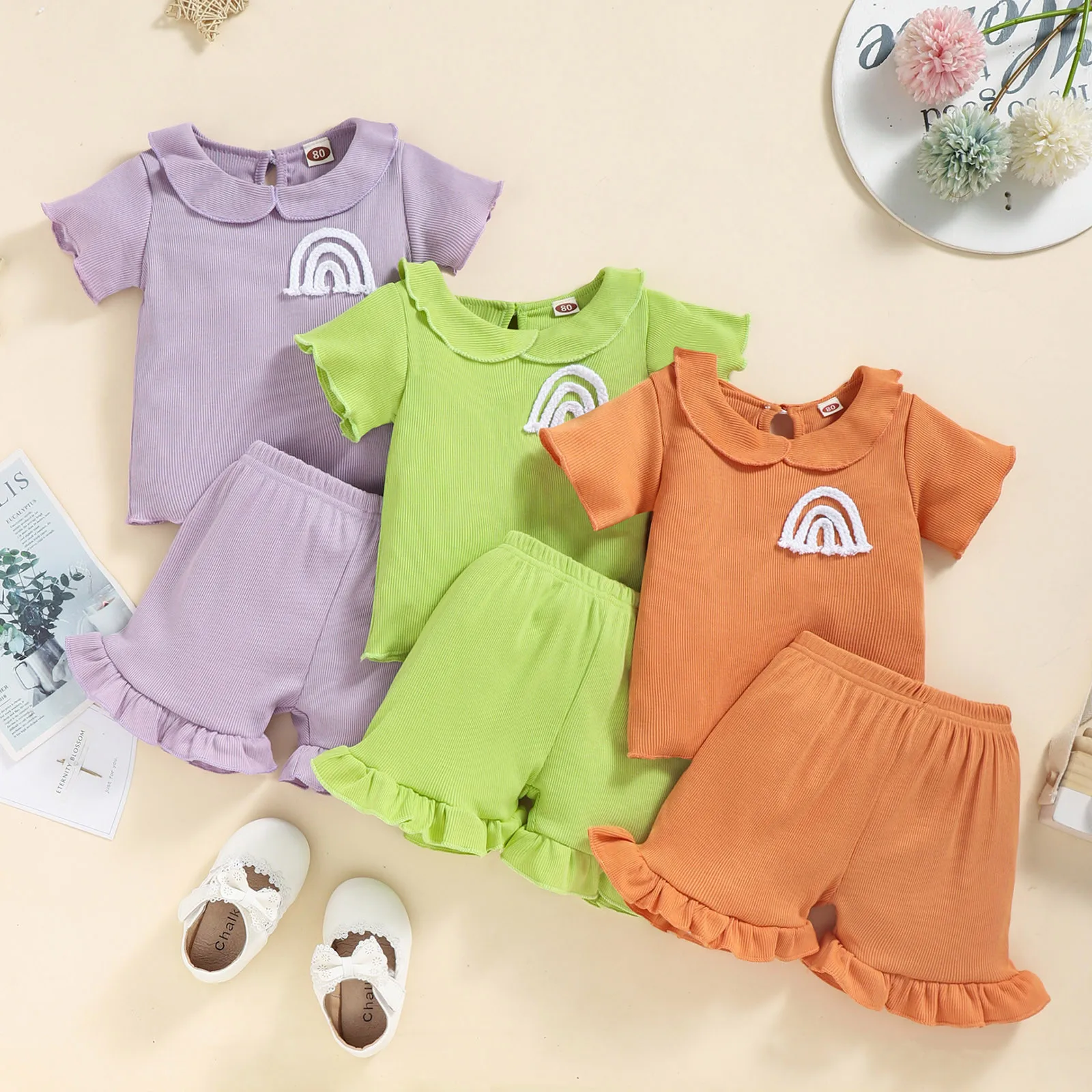 

Toddler Gilrs Short Sleeve Rainbow Ribbed T Shirt Tops Ruffles Shorts Outfits Baby Girl Summer Outfit