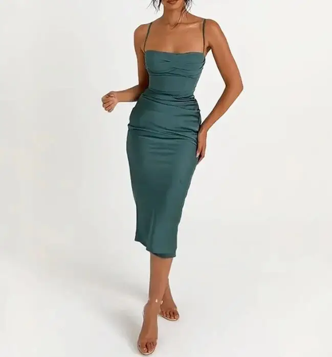 

Sexy Open Back Sling Dresses Solid Color Strap Waist Wrap Hip Mid Length Fashionable Sleeveless Square Collar 2023 Summer Dress