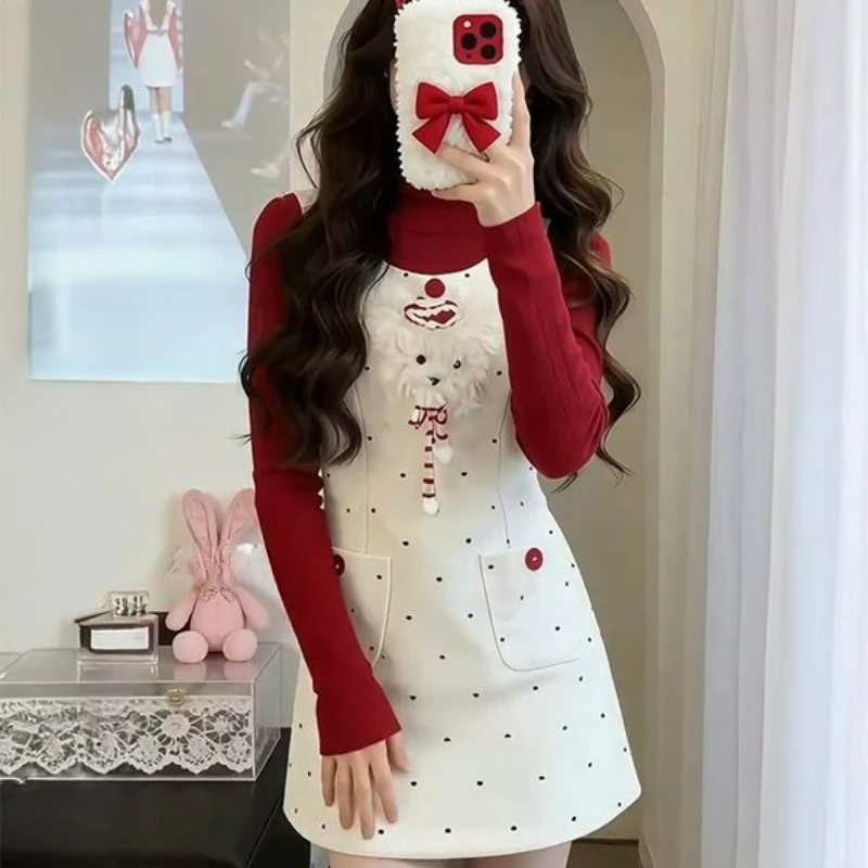 Японские комплекты в стиле Sweet Lolita из 2 предметов: милые красные вязаные топы и платья на бретельках с принтом в горошек и мультяшными собачками, кавайные облегающие наряды в стиле Y2K для женщин (art.: 3920d8a79ddc4) - 3920d8a79ddc4