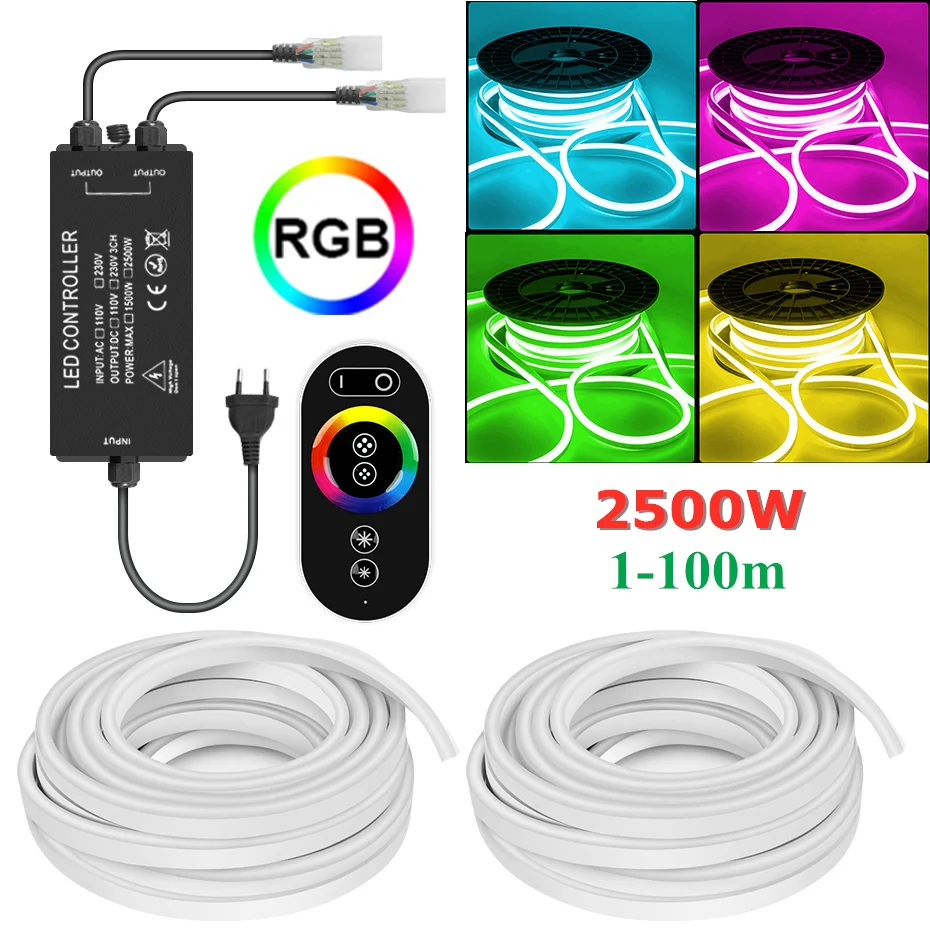 

2500W RF Wireless Control Waterproof Neon Light RGB 1m-100m 220v Led Strip Tape 5050 Garden Outdoor Christmas Lights Decoration