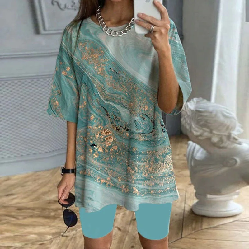 

New Fashion Casual Set Elegant Loose Women 2pcs Clothes Set Spring Summer Half Sleeve Long T Shirt Top & Shorts