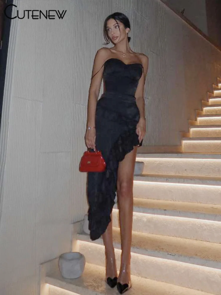 Cutenew женское платье с рюшами классическое однотонное глубоким вырезом и открытой