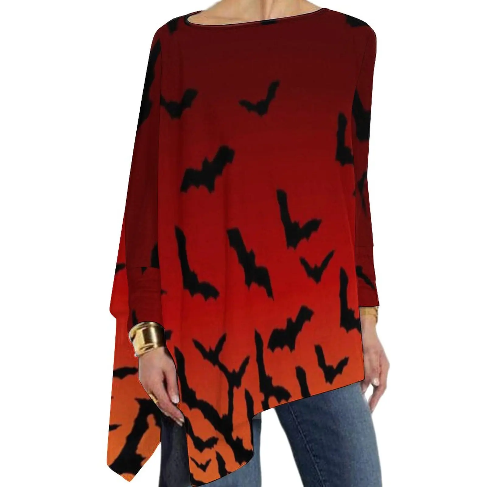 

Halloween T Shirts Bat Sunset Creatures Of The Night Aesthetic T Shirt Women Long-Sleeve Casual Tshirt Oversized Printed Clothes