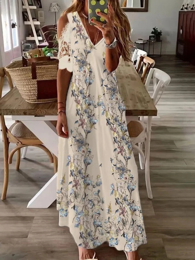 

Long Dress Elegant Vintage Women Summer Casual Beach Dresses 2022 Sexy Lace Hollow Short Sleeve Sling Print Vestido Woman Dress