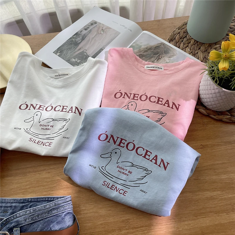 

Duck Printed T-shirt Kawaii Women Short Crop Tops Summer Loose Causal Sweet Shirts Korean Letters O-neck Harajuku Tees Ins N479