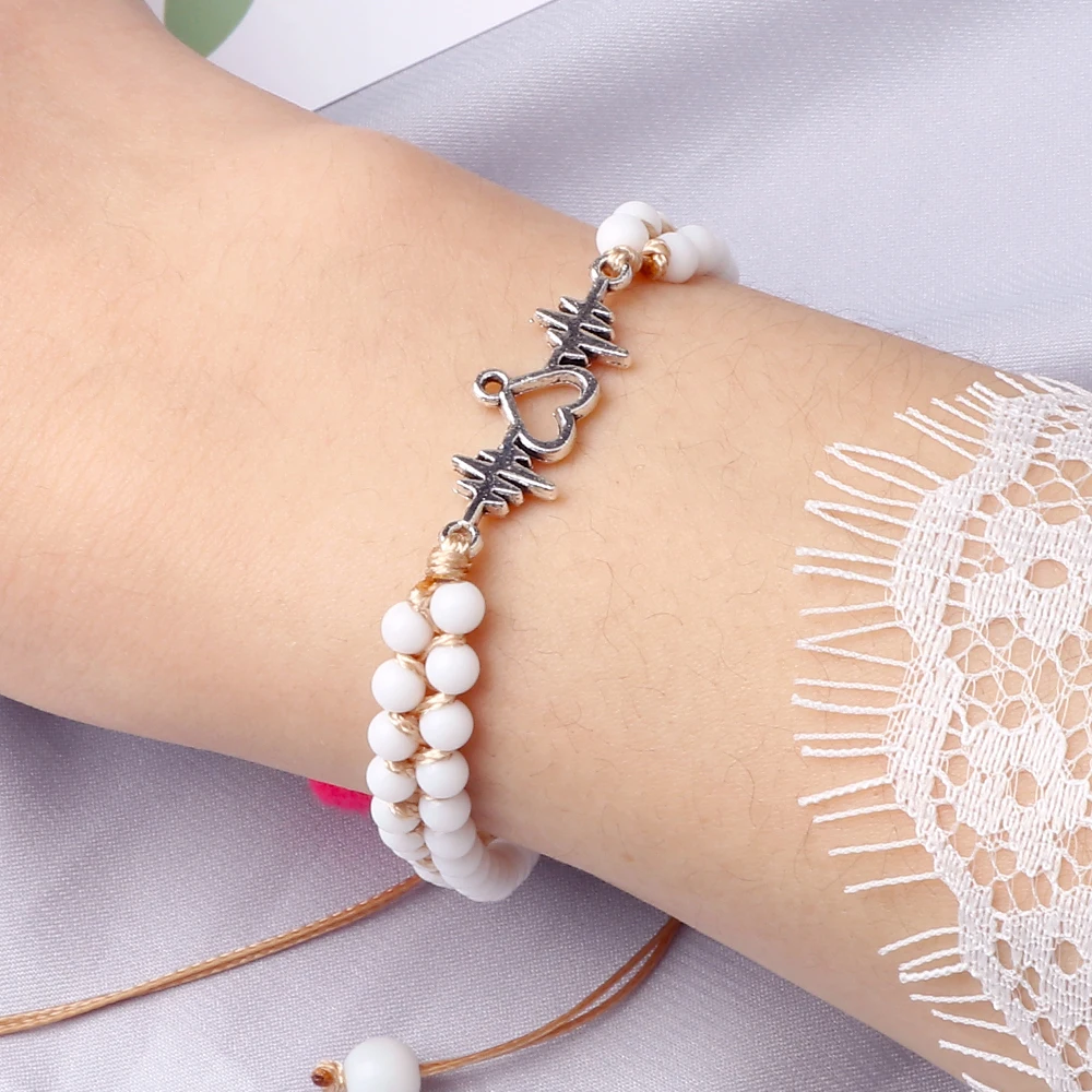 Двухрядный браслет в стиле бохо 4 мм белый фарфоровый из бисера подвеска виде