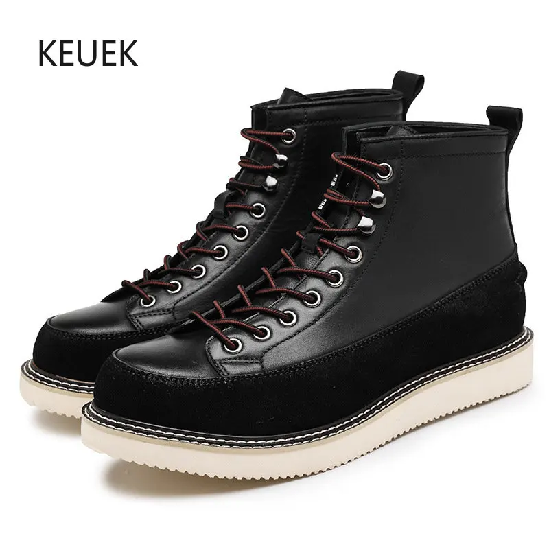 

New British Vintage Motorcycle Boots Men Shoes Work High Top Casual Genuine Leather Lace-up Thick Sole Youth Male Ankle Boots 5A