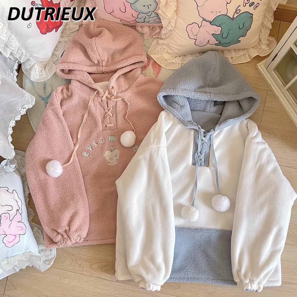 

Women's Loose Hoodies Color Matching Wool Casual Pullover Velvet Padded Hooded Sweatshirt Fashion Long-Sleeved Top for Lady