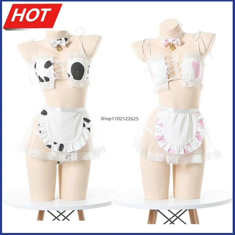 

Аниме девушка Корова Горничная Косплей Unifrom Сексуальная Лолита с вырезами на шнуровке бандажный топ с прозрачным фартуком юбка Прямая пост...