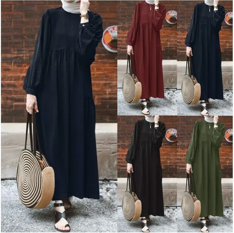 New Muslim women's pure color round neck lamp sleeves loose casual fashion women's dress