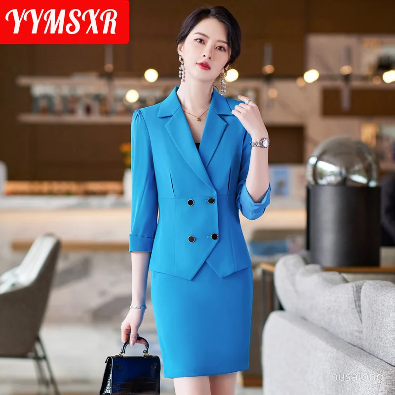 S-4XL New High Quality Women's Suit Two Piece Summer 2022 Fashion Double Breasted Elegant Half Sleeve Ladies Jacket Casual Skirt