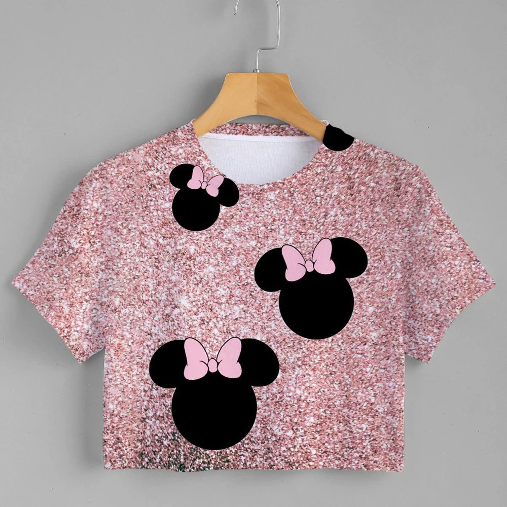 

Disney Cute Minnie Head Print Short Sleeve Ladies Crop T-Shirt O Neck Summer Kawaii Crop Fashion Streetwear 2022