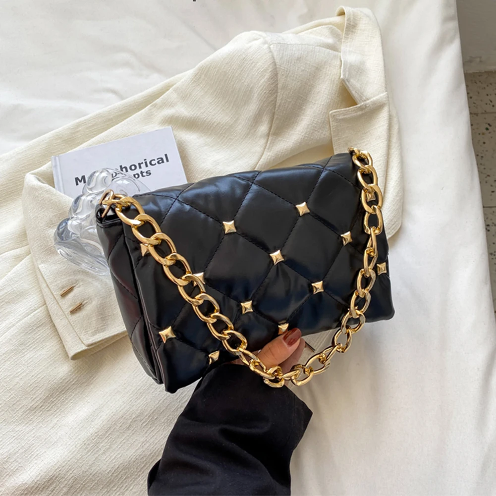 

Women Underarm Bags New Fashion Rivet Metal Chain Small Top-handle Bags Female Casual Shoulder Bags Vintage PU Leather Handbags