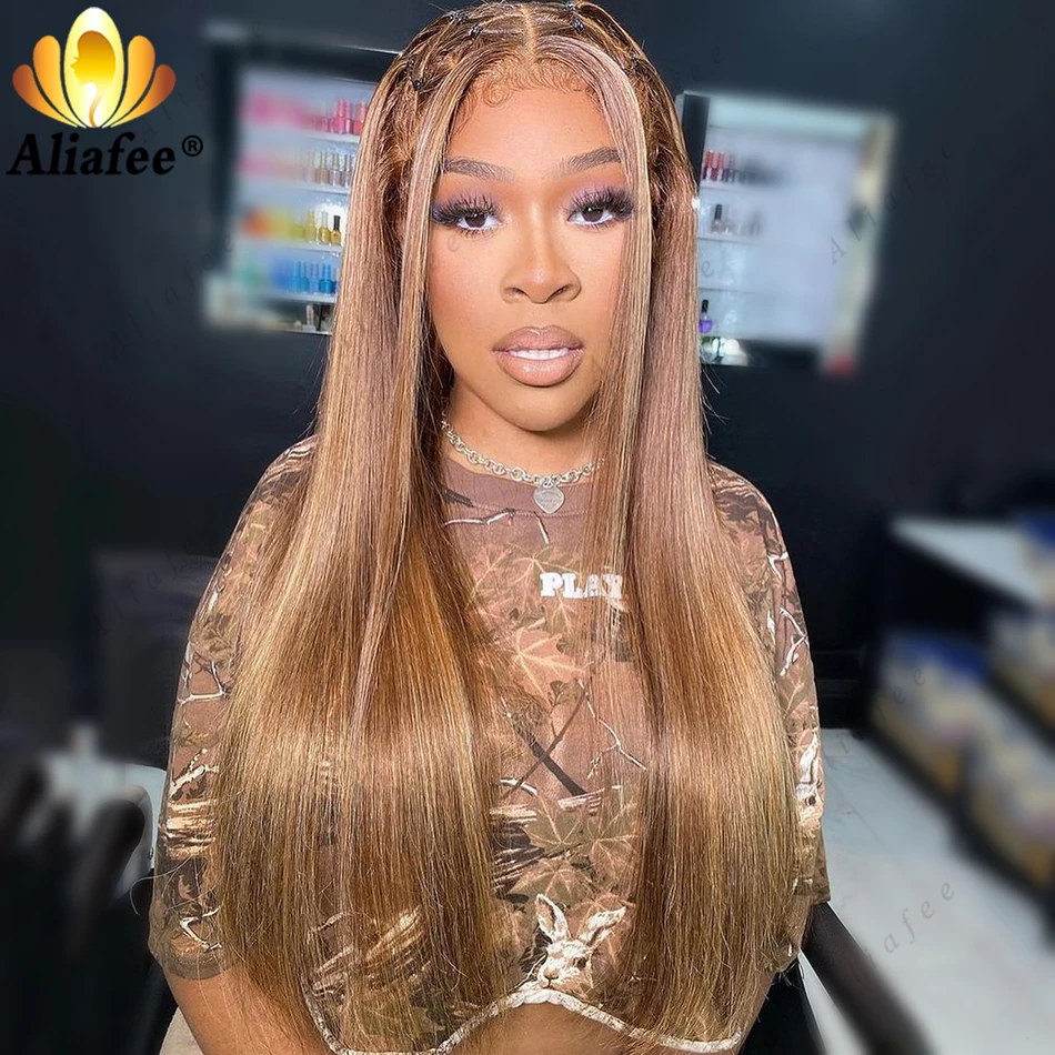 

Brown Blonde Straight 13X4 Transparent Lace Frontal Wig PrePlucked Highlight Colored Lace Frontal Remy Human Hair Wig For Women