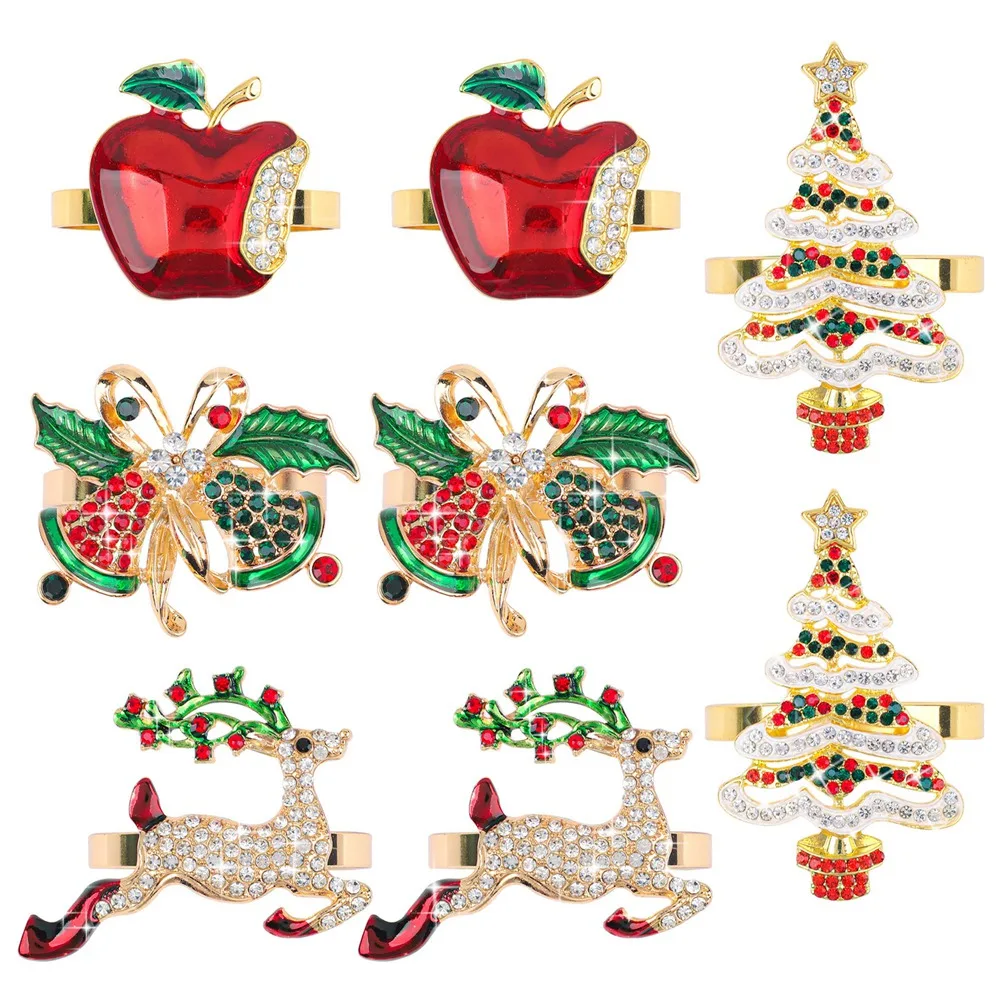 

Christmas Napkin Ring Set Of 8 Metal Christmas Tree Deer Napkin Rings Holders Rhinestone Napkin Buckles for Holiday