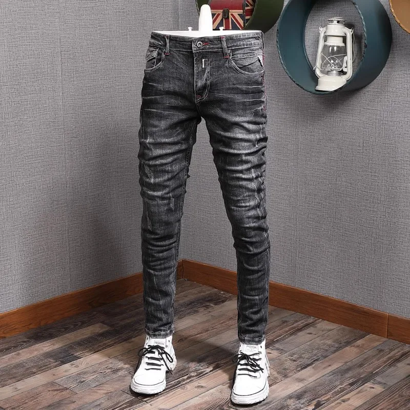 Fashion Vintage Men Jeans Retro Black Gray Elastic Slim Fit Ripped Jeans Men Trendy Trousers Italian Designer Denim Pants Hombre