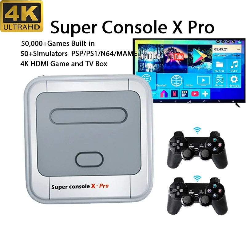 Super Console X Pro 4K Retro Video Game Console 62,000Games with TV Box Support Arcade/MAME/PSP/PS1/N64 2.4GWireless 2Gampads