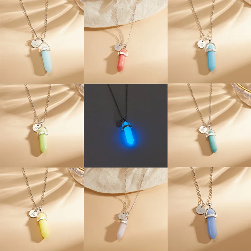 Hexagonal Column Natural Stone Luminous Necklace Healing Crystal Glowing In Dark Bullet Stone Pendant Necklace Jewelry Gift