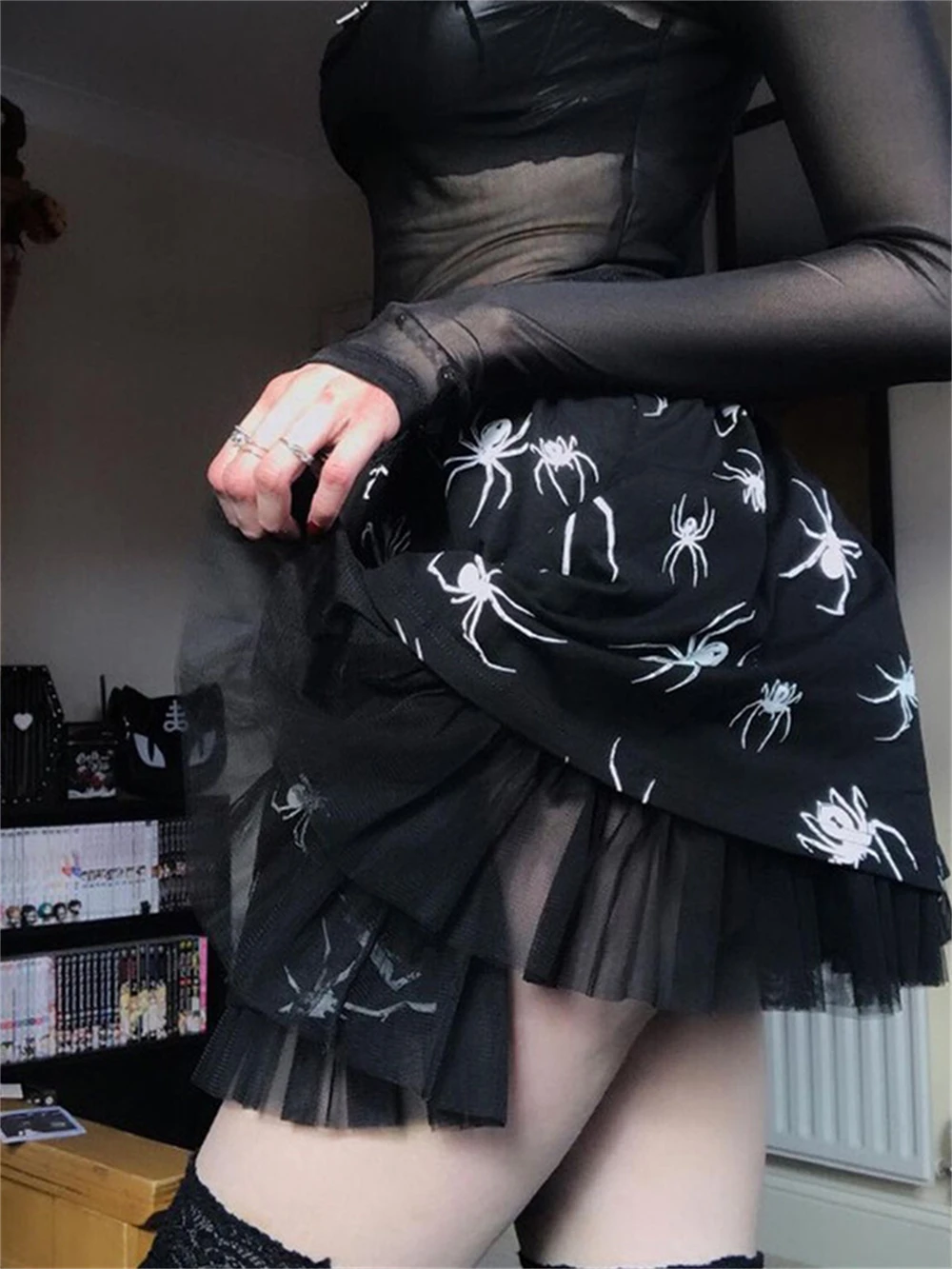 

Black High Waist Mini Skirt Y2K Aesthetic Spider Print Gothic E Girl Streetwear Tulle Hem Cosplay Fairy Grunge Skirts Short