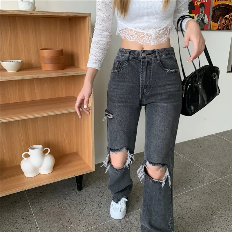 Straight Tube Wide Leg Pants with Holes in Jeans Women's Summer Thin 2023 New Loose High-waisted Hot Girls' Trousers