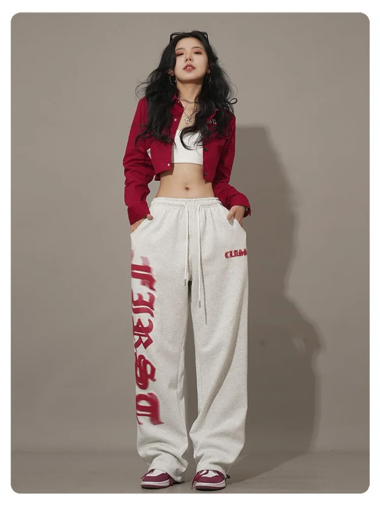 

Корейский стиль уличная одежда Y2K серые мешковатые спортивные брюки для женщин в стиле хип-хоп с надписью Kpop спортивные брюки большого размера для бега наряды в стиле Харадзюку
