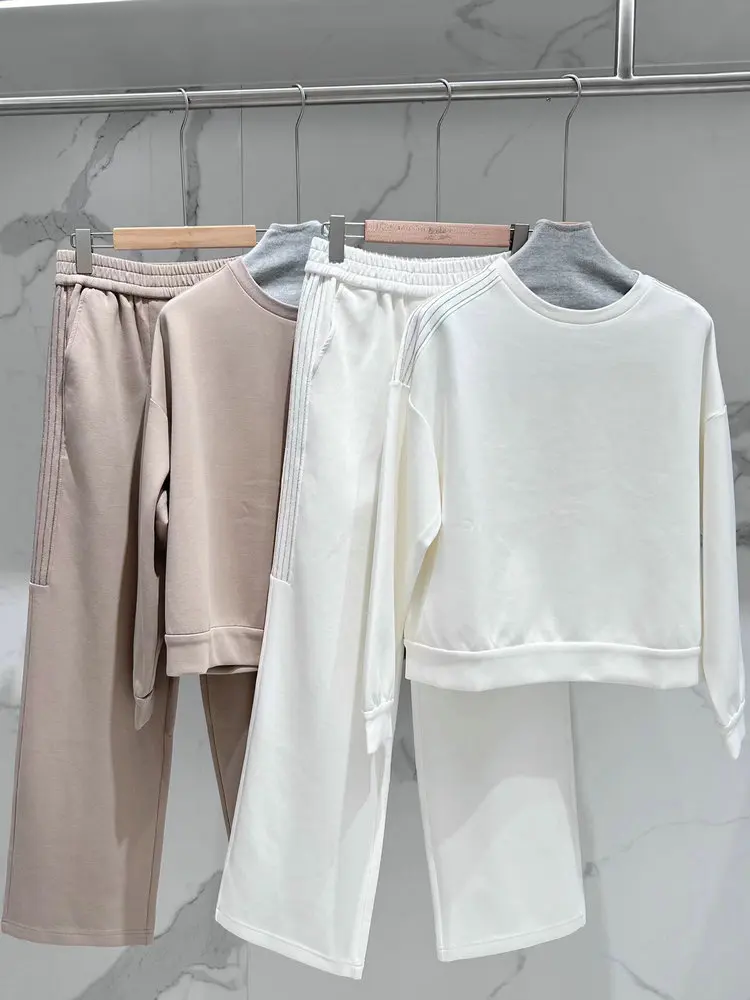 

Женский Повседневный однотонный комплект, осень 2023, женский простой пуловер с круглым вырезом и длинным рукавом и прямые брюки с эластичной высокой талией