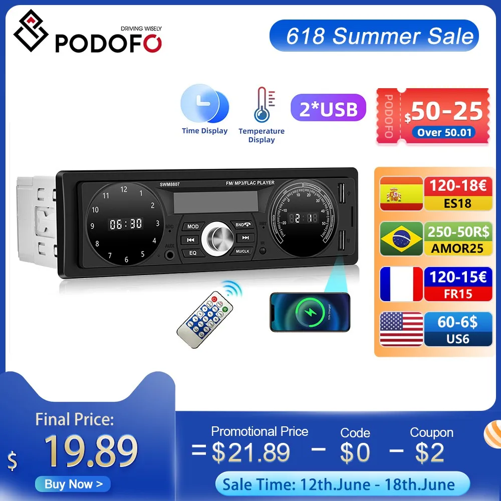 

Автомагнитола Podofo, 1DIN, Bluetooth, MP3, 12 В, USB/SD