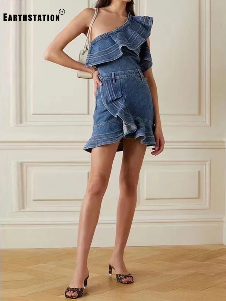 

Sexy Oblique Shoulder Ruffles Denim Tops Two Pieces Ladies Summer New Style + High Waist Hips Pack Fishtail Skirts Fashion Suits