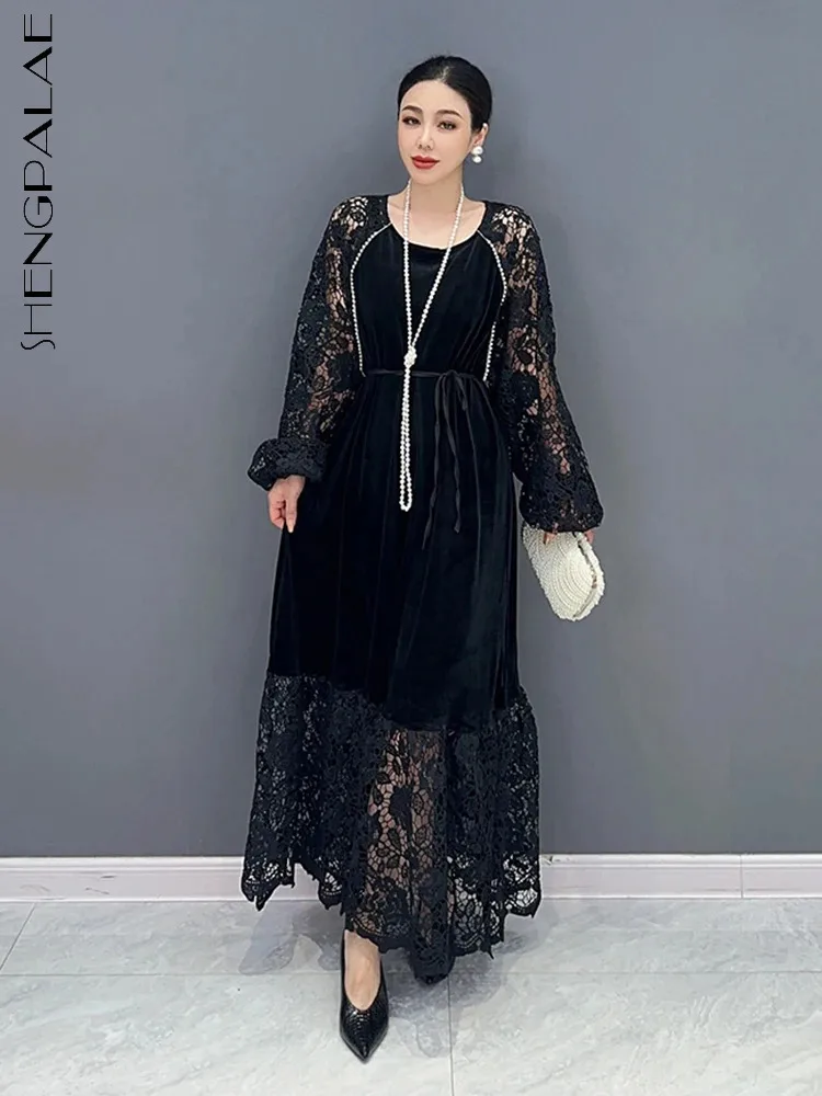 

SHENGPALAE Lace Spliced Dress For Women Fashion Hollow Out Full Sleeve Temperament Elegance Vestido Winter 2023 New Tide 5R5424