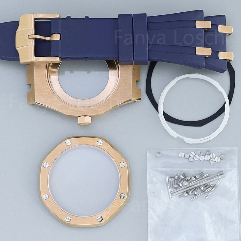 Часы из розового золота 41 мм восьмиугольные резиновые браслеты сапфировые