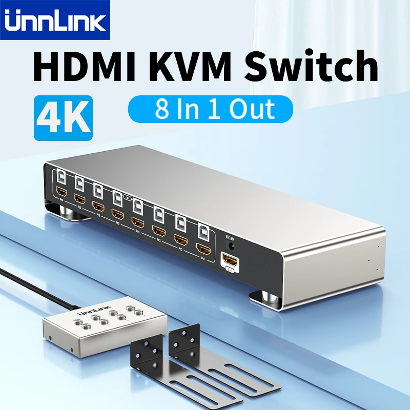 

UNNLINK HDMI KVM Splitter 8X1 8 In 1 Out 4K 30Hz HDMI KVM Switch With Extender 8 Host Share 1 Monitor 4 USB For Mouse Keyboard