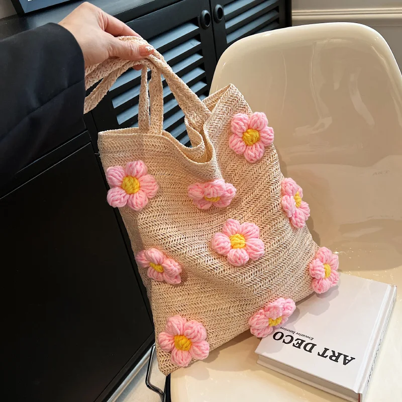

New Elegant Ladies Straw Bag Woven Handbag Women Holiday Beach Casual Tote Bucket Bags Fashion Retro Flowers Shoulder Bags 2023