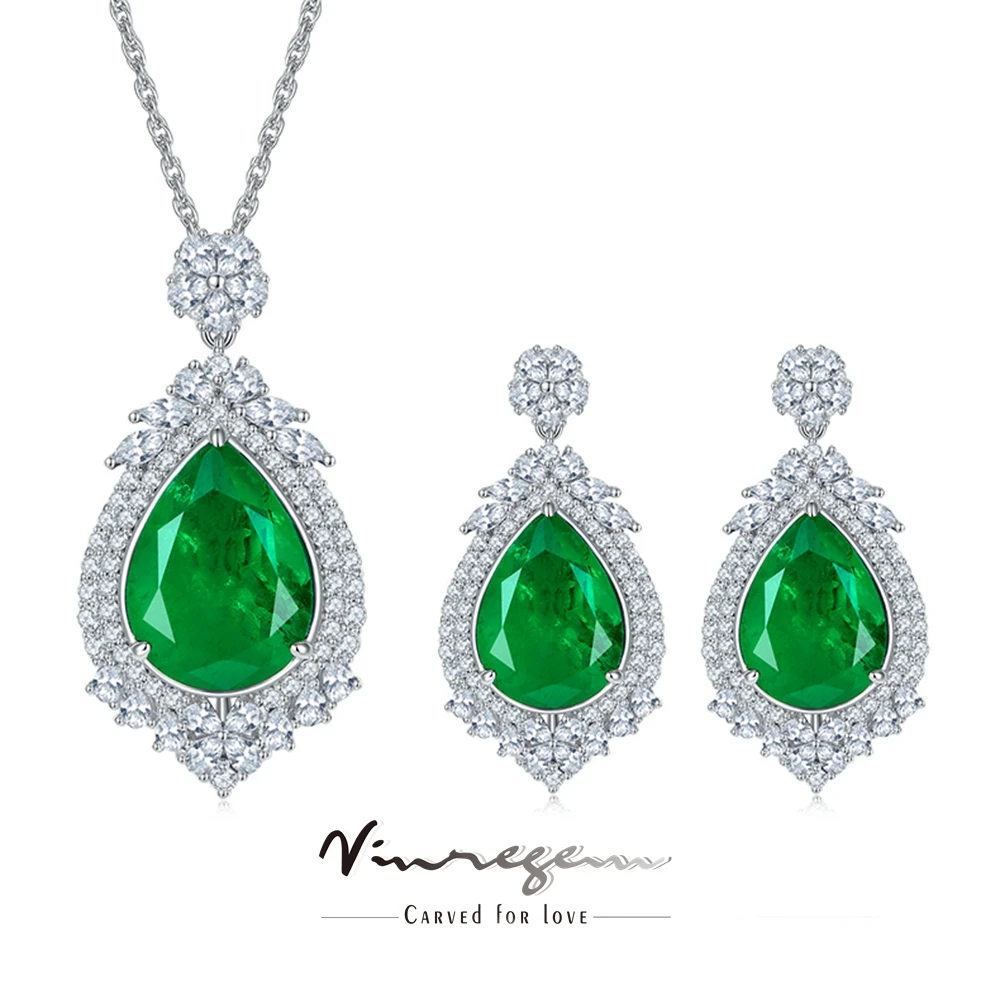 

Vinregem 18K White Gold 925 Sterling Silver Lab Created Emerald Gemstone Vintage Necklaces/Earrings Jewelry Sets Drop Shipping