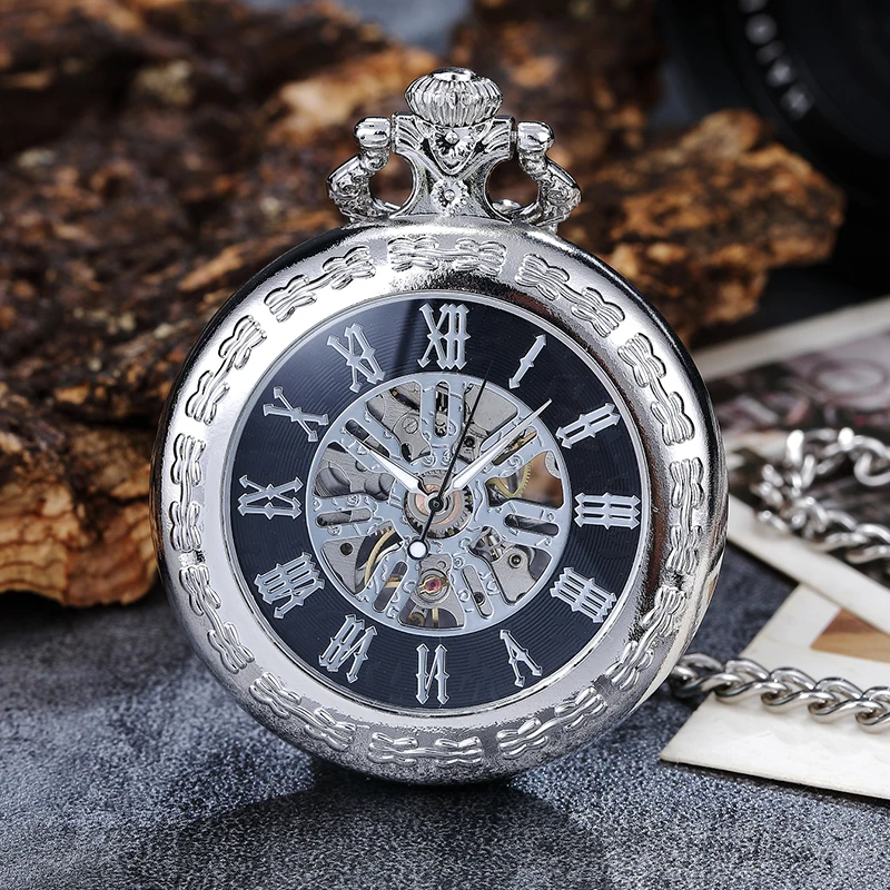 Vintage Golden Skeleton Steampunk Mechanical Pocket Watches Roman Numerals Hand-Wind with Chain Men Women Clock Fashion Gift New