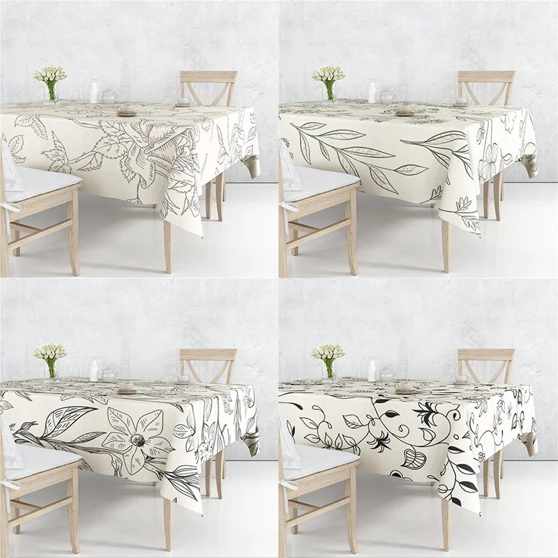 

Black White Plants Tulip Daisy Leaves Patterns Flax Tablecloth Table Dustproof Cover Beautify Kitchen Dining Room Multiple Sizes