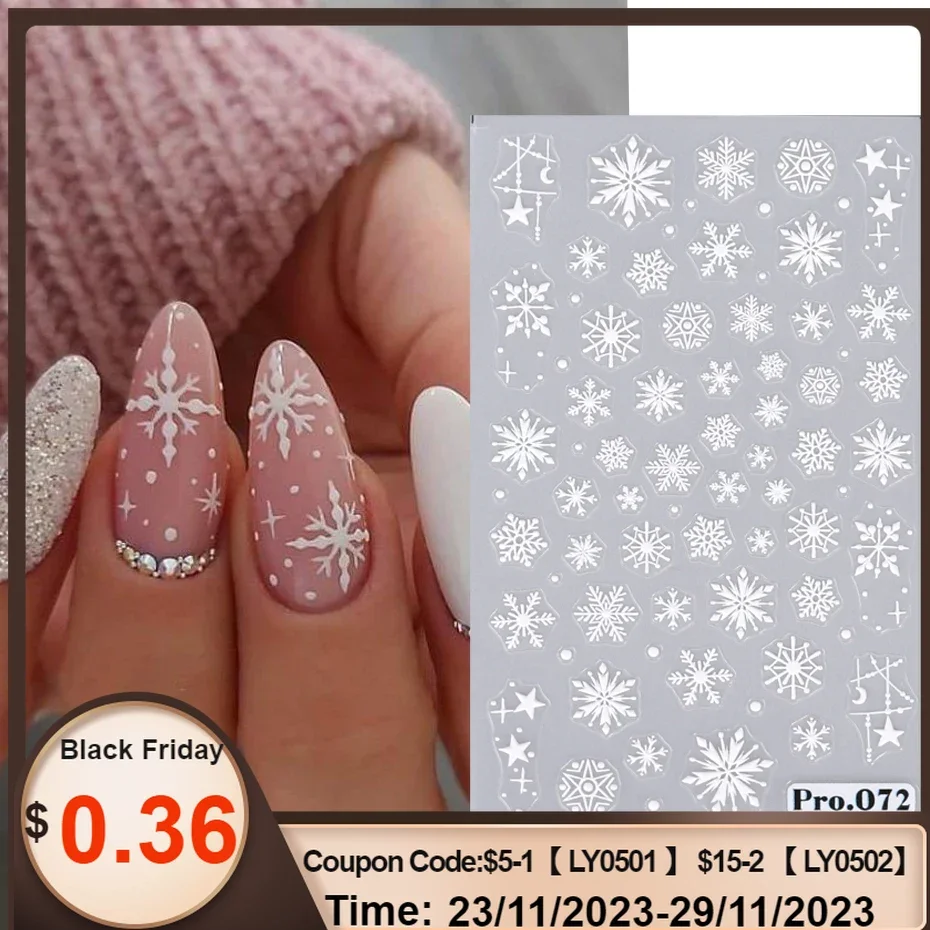 

5D White Snowflake Nail Art Sticker Embossed Star New Year Nail Decals Designs Self Adhesive Sliders Foils Manicure Decorations