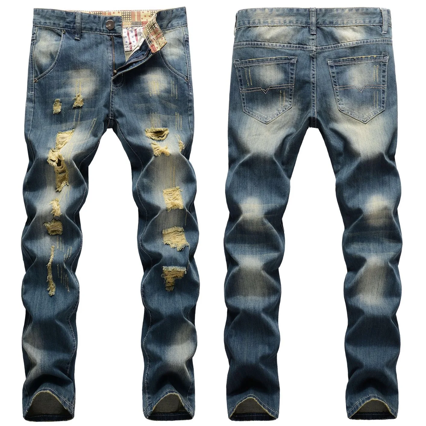 2023 Men Ripped Jeans Casual Fashion Classic Style Pure Color Denim Pants New High Quality Stretch Slim Male Pencil Trouser Blue