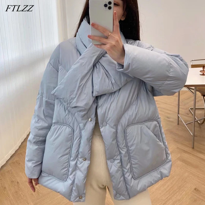 FTLZZ Winter Women Sweet Solid Color Feather Jacket 90% White Duck Down Coat Warm Thick Parker Snow Fluffy Outwear with Scarf