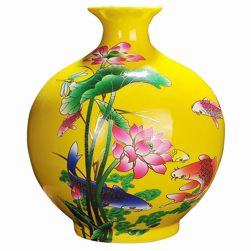 

Керамические желтые рыбные вазы Цзиндэчжэнь, китайская гостиная, Цветочная композиция, украшение, крафтовые подарки