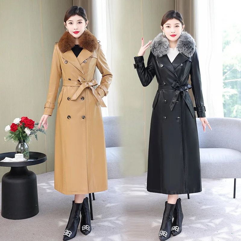 100% genuine real 2023 winter oversize long Haining leather Women's fox fur collar coat looks thin fashionable