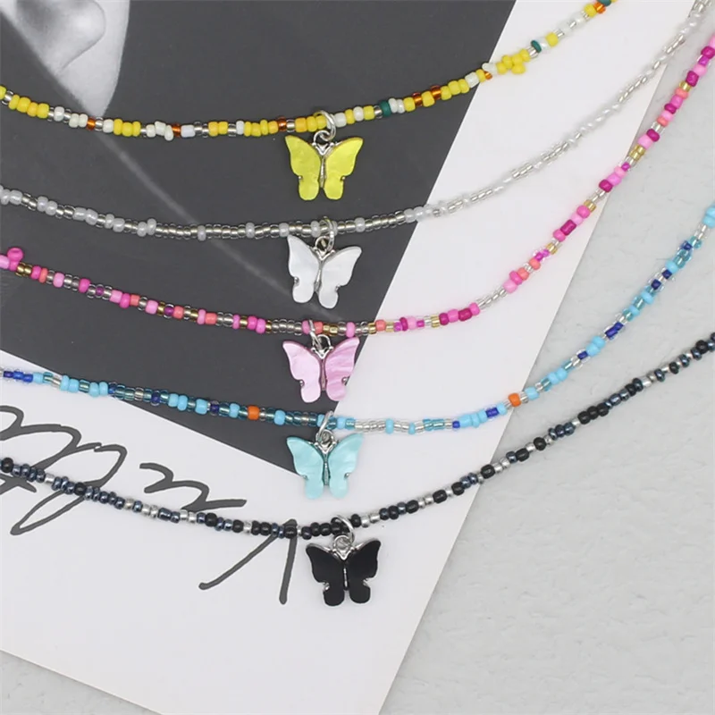 

Cute Butterfly Pendant Necklace Women Boho Seed Beads Strand Choker Korean Statement Charm Jewelry Vacation Beach Gift