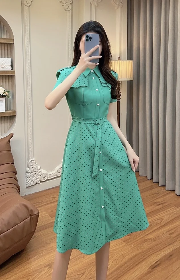 

Новая женская одежда для весны и лета 2023 женское платье в горошек с вышивкой и завязкой на талии 0430