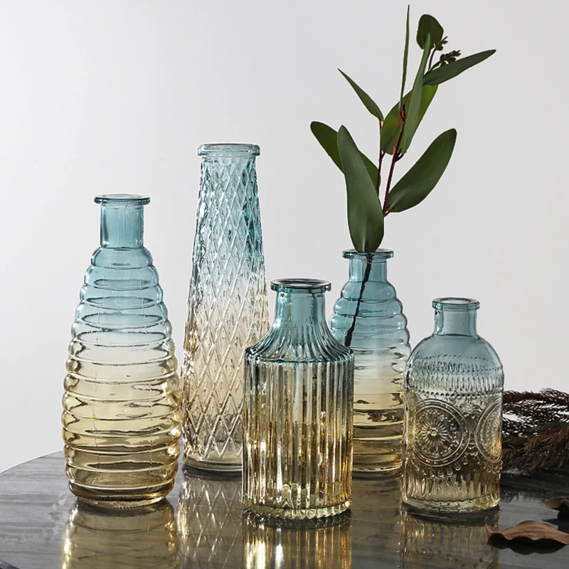 

European Modern Vintage Embossed Clear Glass Vase Home Living Room Desktop Decoration Hydroponics Fresh Flower Arrangement Vases