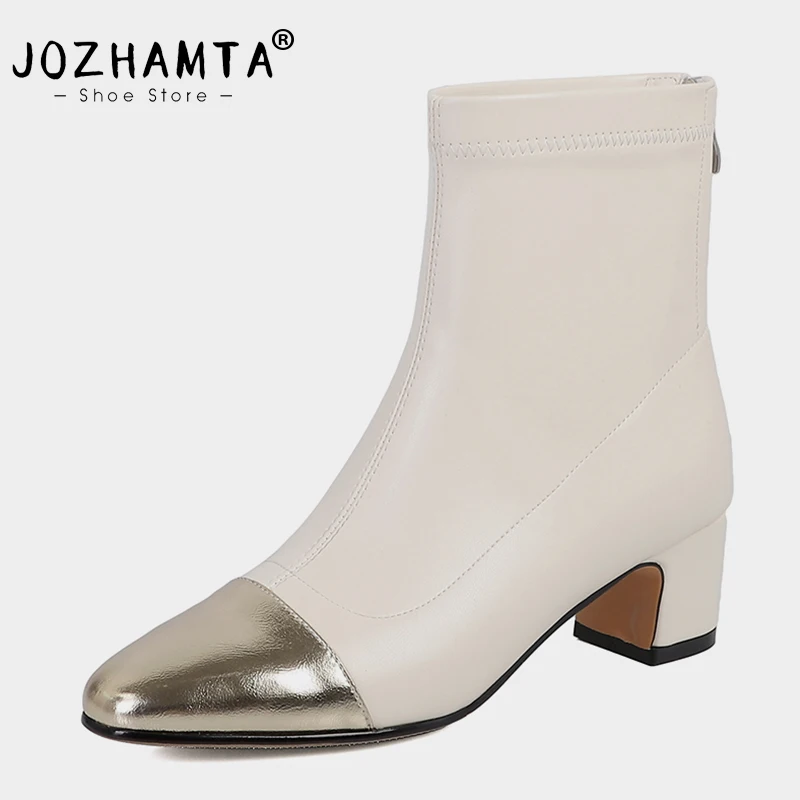 

JOZHAMTA Size 34-42 Women Ankle Boots Real Leather Zipper Chunky High Heels Winter Shoes Woman Stretch Boots Fashion Office Lady