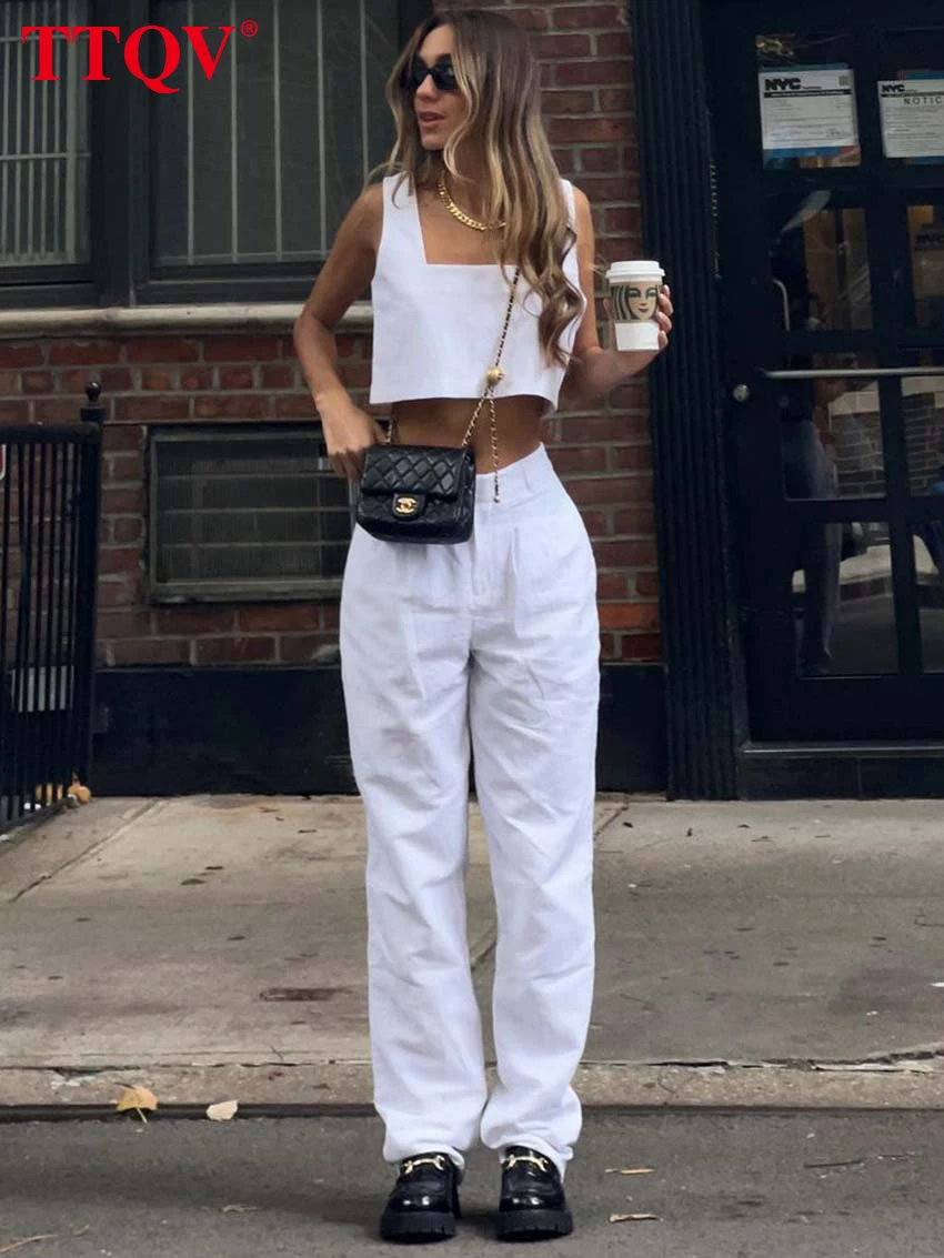 

TTQV Casual Cotton White 2 Piece Sets Women Outfit Fashion Slip Square Neck Crop Tops And Simple Straight Trousers Female Sets