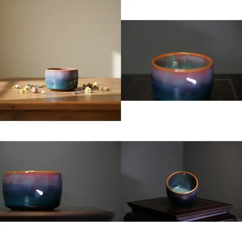 Фото 【CHIMU HOME】 Чашка для чая из фарфора ручной работы Jun Porcelain Arhat для азиатских дзен-наборов, с сине-золотой глазурью, термостойкая, 150 мл, для использования в кафе и №1