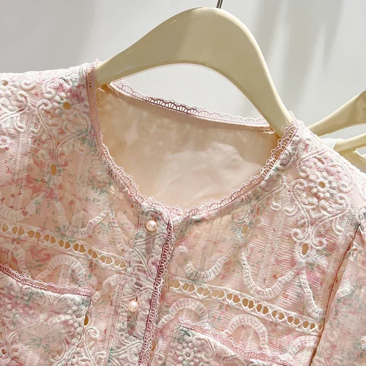 Кружевной цветочный принт Розовый комплект из 2 предметов с круглым вырезом и