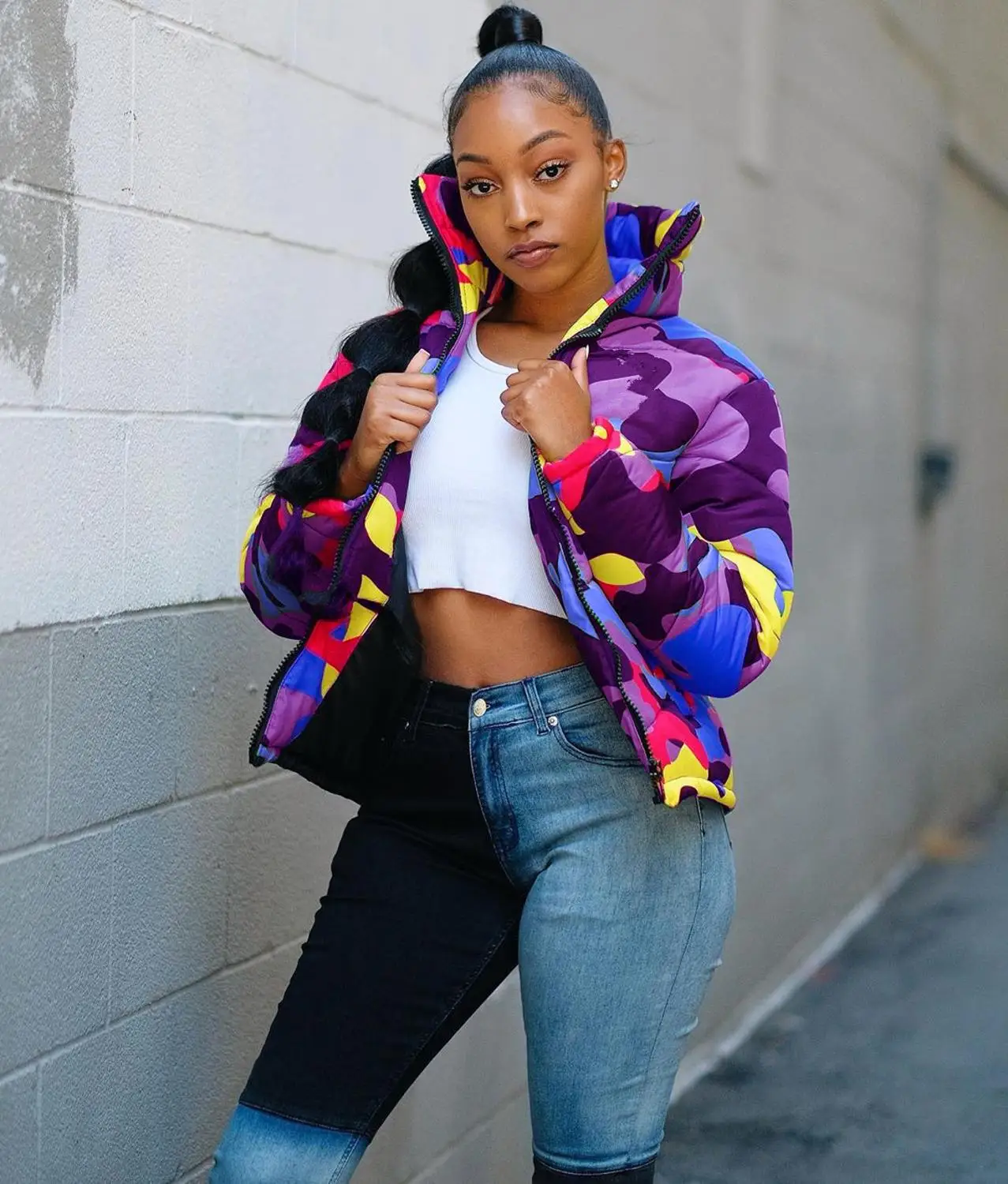2021 Winter Women Short Parkas High Collar Full Sleeve Zipper Camouflage Print Coats High Street Outwear Night Club Jacket Tops