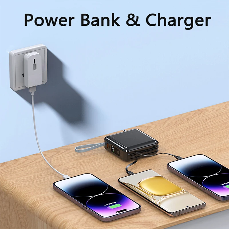 Фото Power Bank 30000 мАч с кабелем, вилкой переменного тока, настенное зарядное устройство, 22,5 Вт, быстрая зарядка, внешний аккумулятор для iPhone 16, Samsung Xiaomi №4